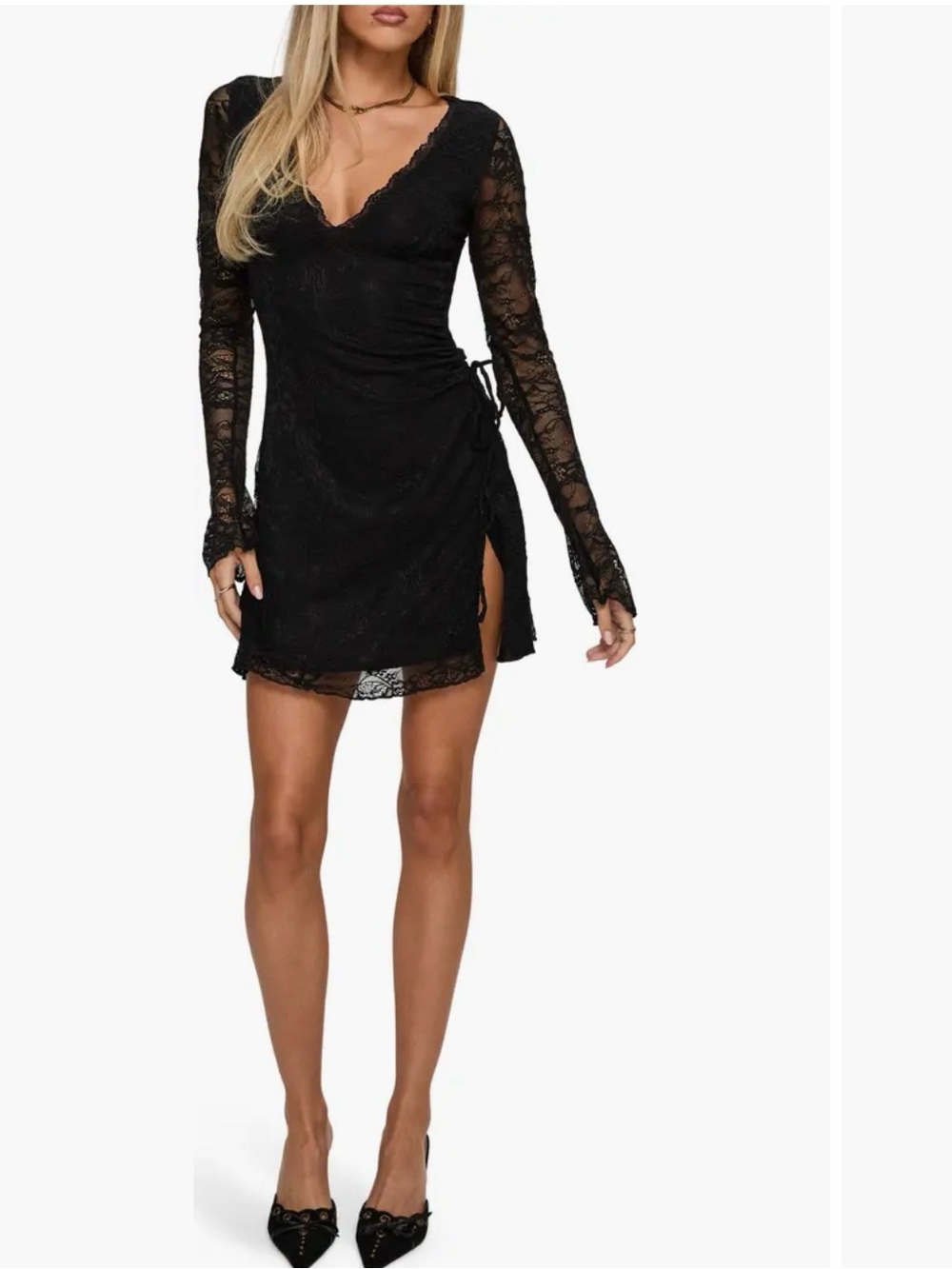 NWT Princess Polly Black Lace Midi Dress | Sheer Long Sleeve V-Neck Going Out